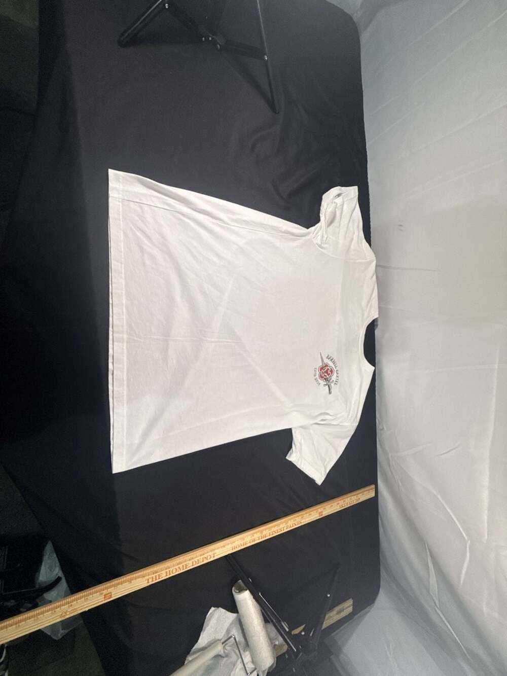 The Barbell Cartel White T-Shirt with Red and Black Rose and Dagger Design